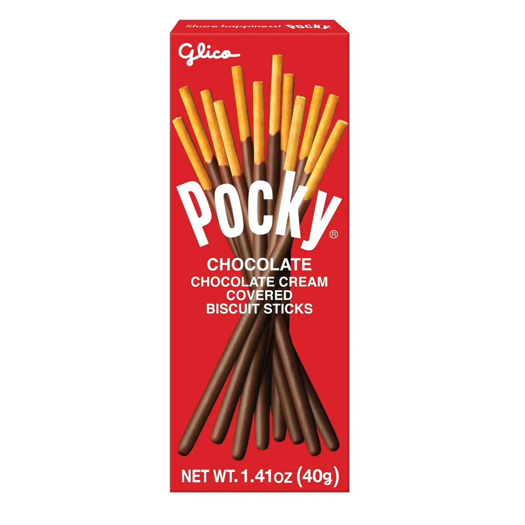Pocky chocolate cream covered biscuit sticks packaging on a white background